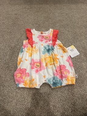 Burt's Bees Baby Floral Romper with Coral Ruffle Straps 18 months NEW